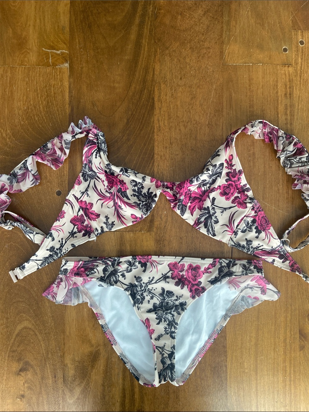 ASOS Pink and Black Floral Ruffle Bikini Set